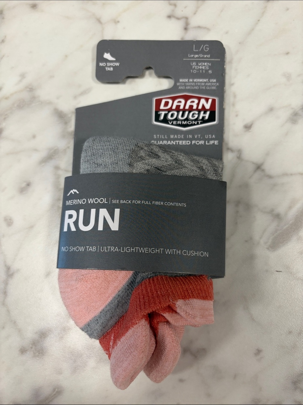 Darn Tough Run Merino Wool No-Show Tab Sock - Pink/Gray. Large NWT. Vermont